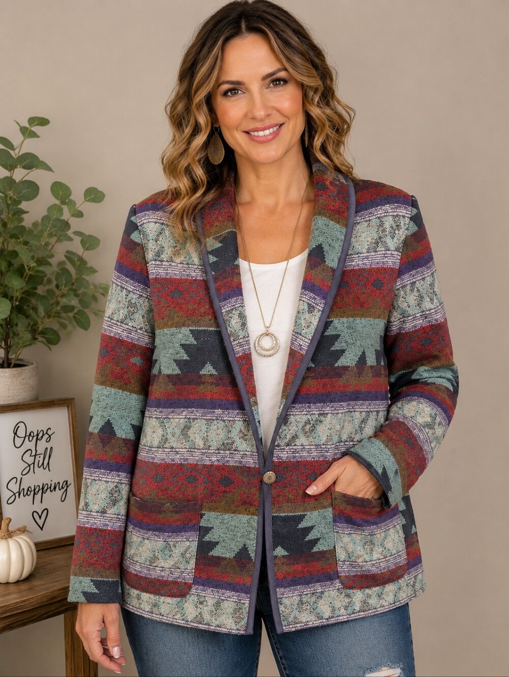 Julia Klein Southwestern Geometric Print Jacket Blazer Size L A274
